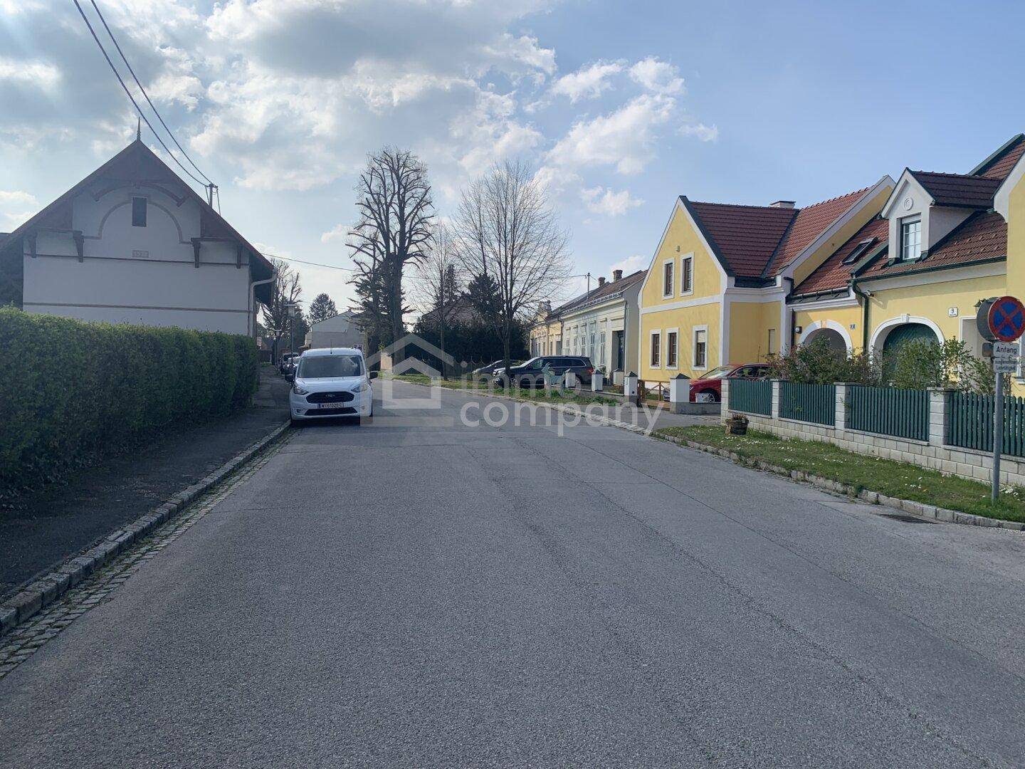 Ländliche Straße mit traditionellen Häusern und geparkten Autos unter blauem Himmel.