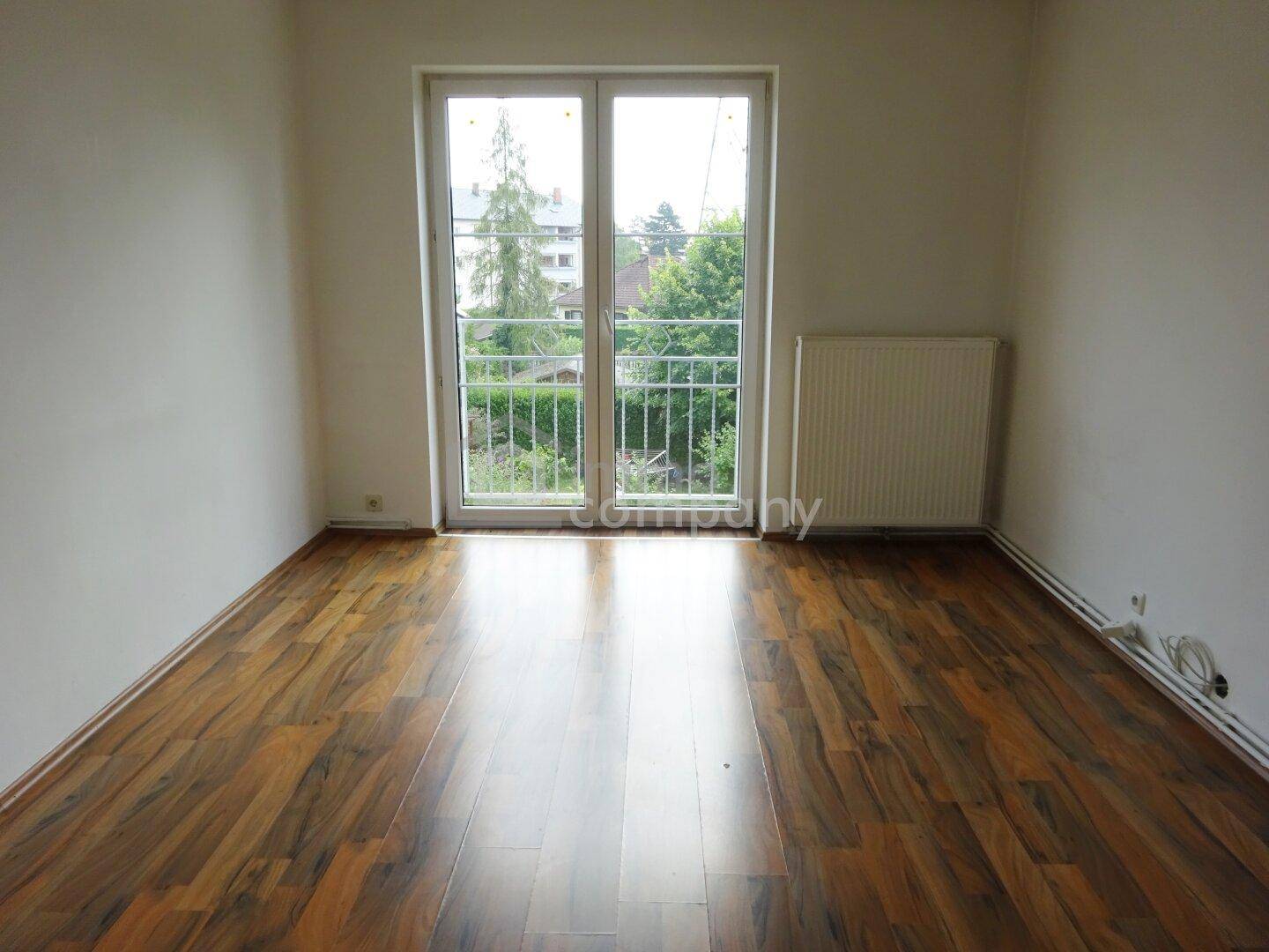 Leeres Zimmer mit Laminatboden und französischem Balkon, bietet Zugang ins Freie und grüne Aussicht.
