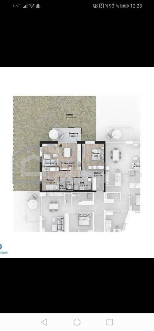 Grundriss einer Wohnung mit offener Raumaufteilung, Terrasse, Garten und Balkon.