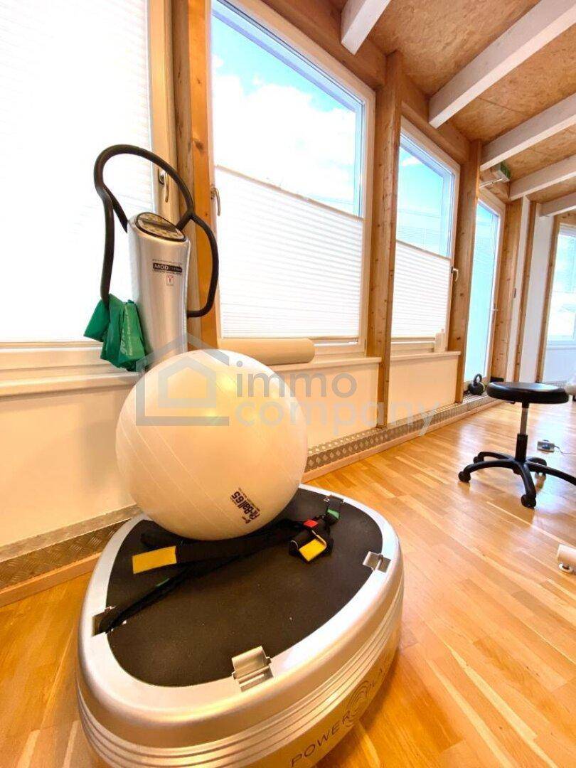 Nahaufnahme von Fitnessgeräten wie Vibrationsplatte und Gymnastikball neben den großen Fenstern im Therapieraum.