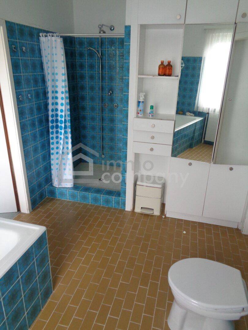 Badezimmer mit blauen Fliesen, Dusche, WC und Spiegelschrank.