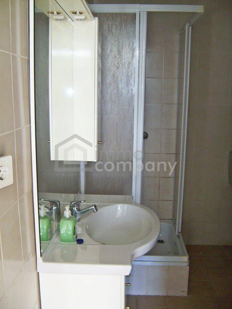 Kleines Badezimmer mit Duschkabine, Waschbecken und Spiegelschrank.