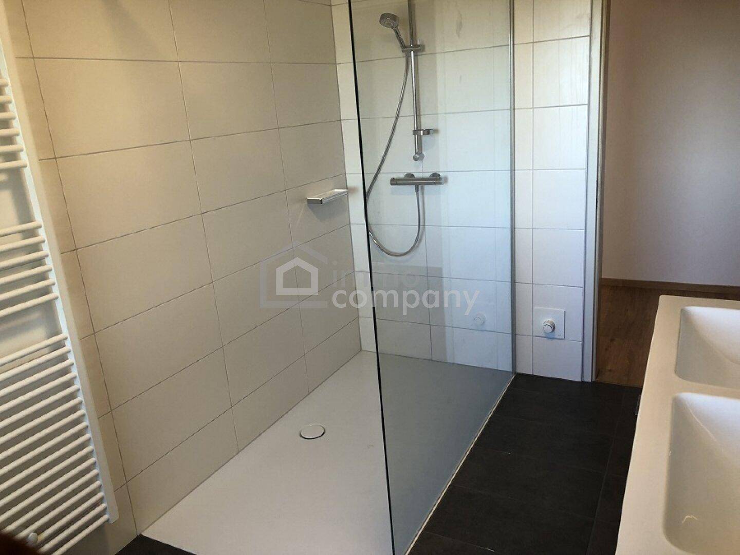 Geräumige begehbare Dusche mit Glasabtrennung und modernen Fliesen im Badezimmer.