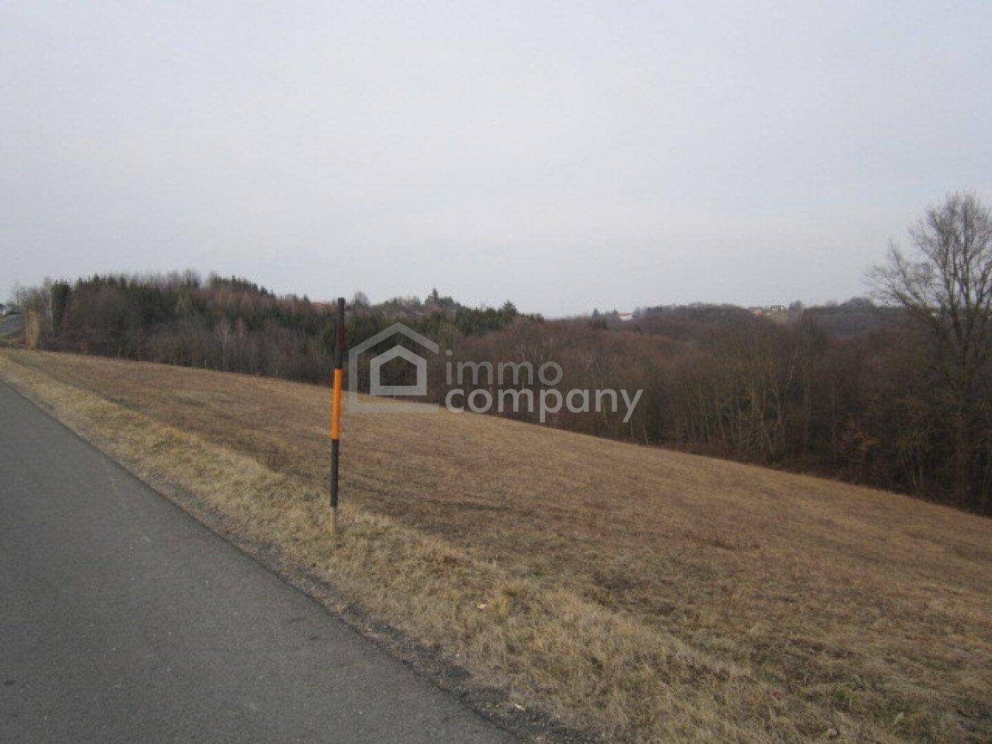 Großes Grundstück am Straßenrand mit Blick auf bewaldete Hügel und offene Landschaft.