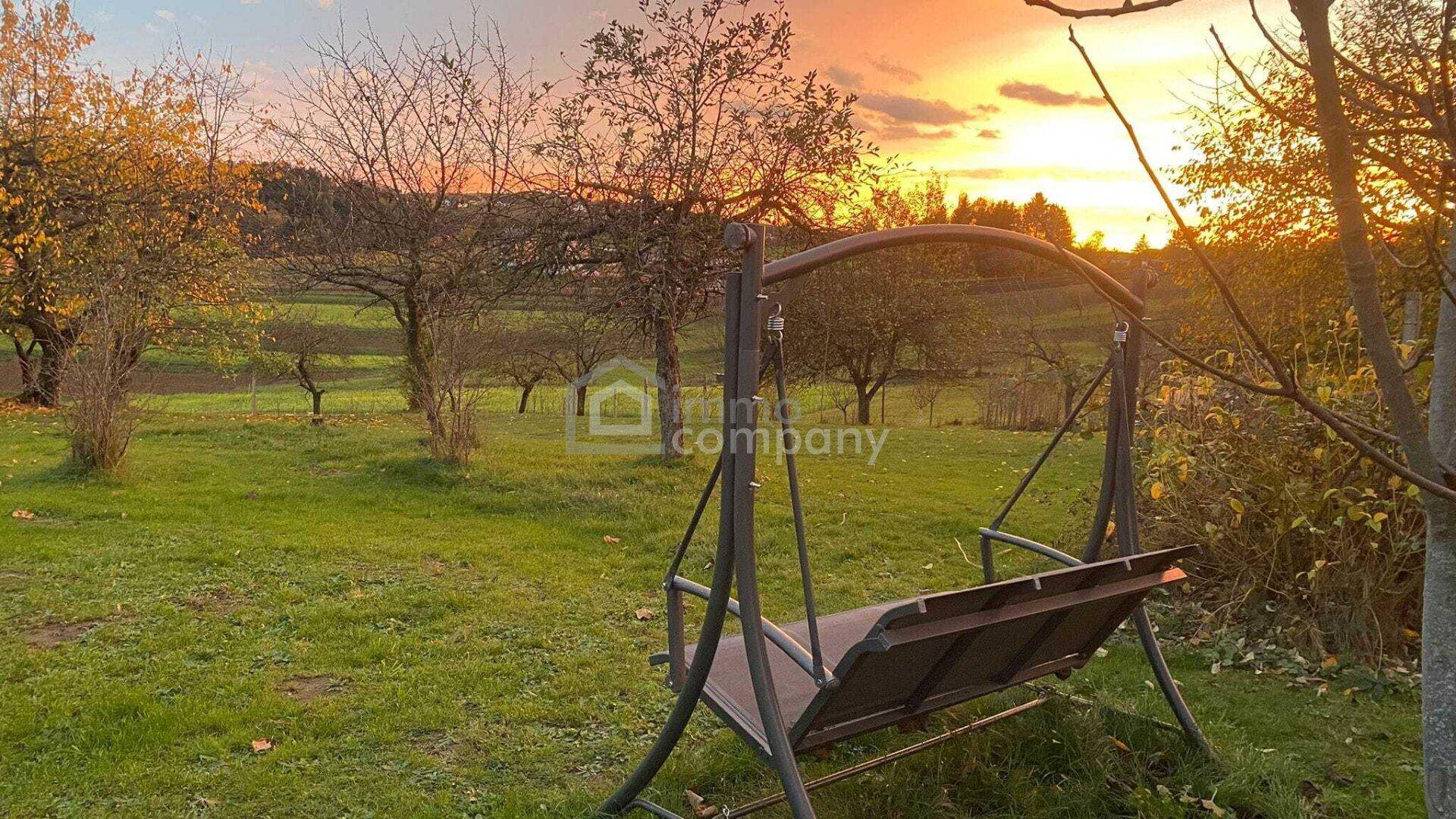 Großer Garten mit Schaukelbank und Obstbäumen bei Sonnenuntergang.