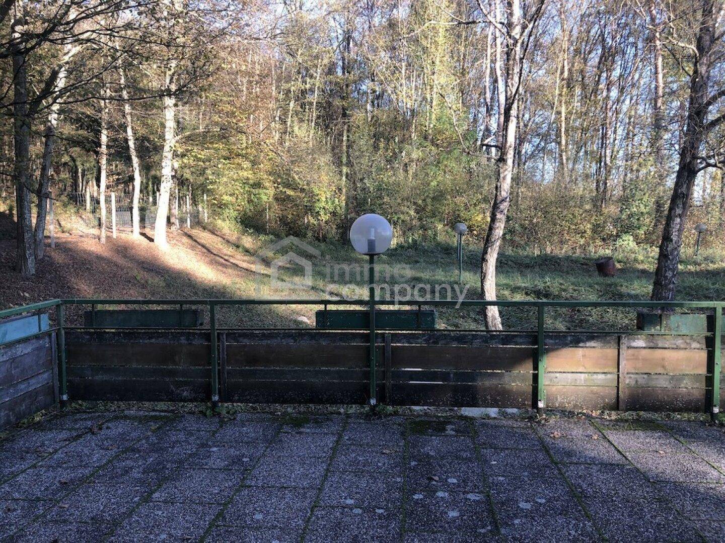 Gepflasterter Außenbereich mit Geländer und weitem Blick auf die umliegende Waldlandschaft.
