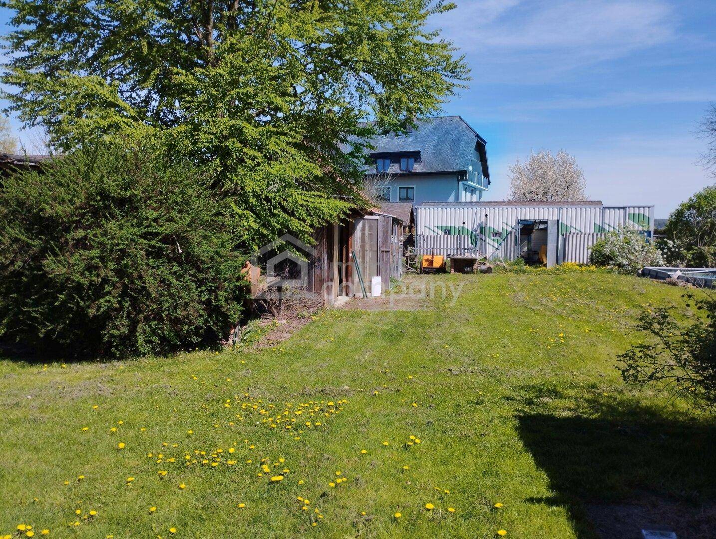 Weitläufiger Gartenbereich mit altem Baumbestand, Schuppen und Blick in die Umgebung.