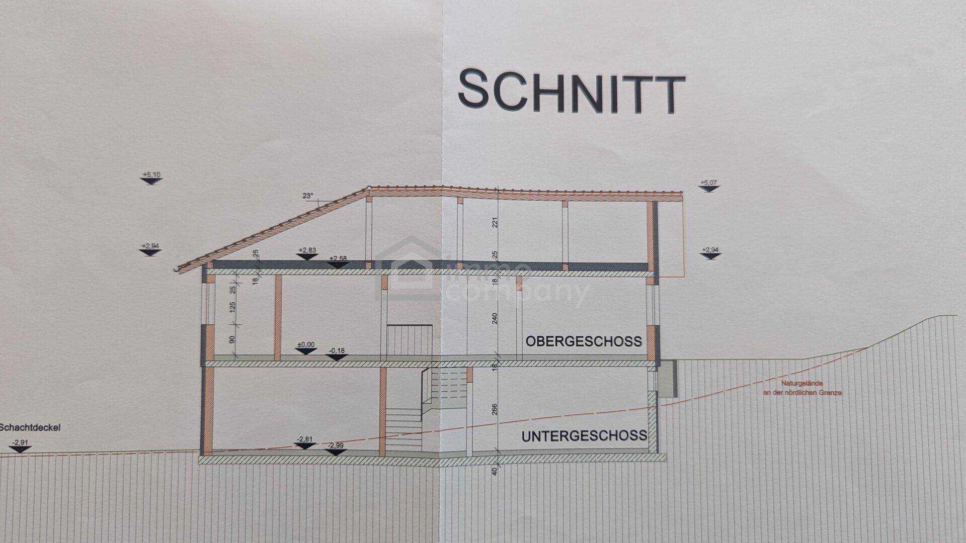 Architektonischer Schnitt des Hauses zeigt Untergeschoss, Obergeschoss und die Dachkonstruktion.