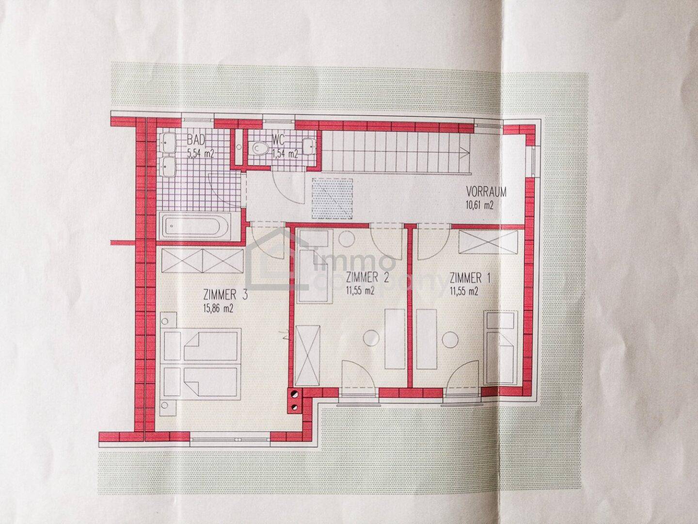 Grundriss des Obergeschosses mit drei Schlafzimmern, Bad und separatem WC.