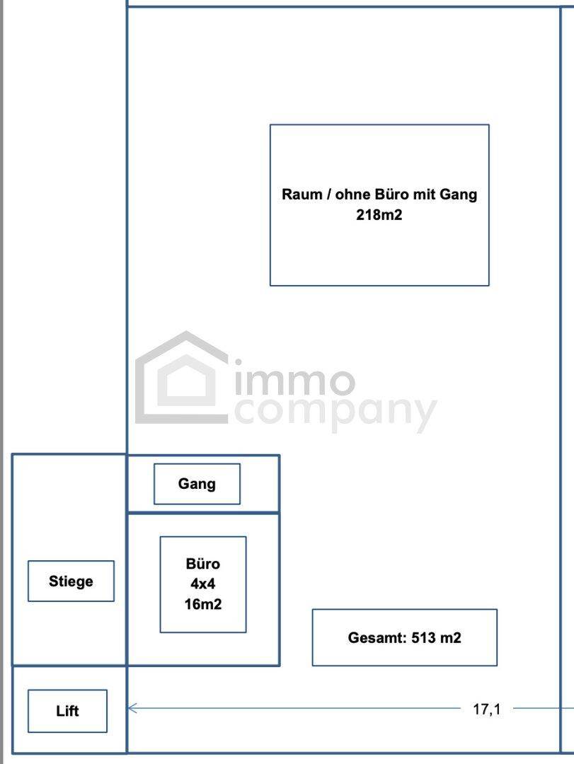 Übersichtlicher Grundriss mit Raumaufteilung, Bürofläche und Zugang zum Lift.