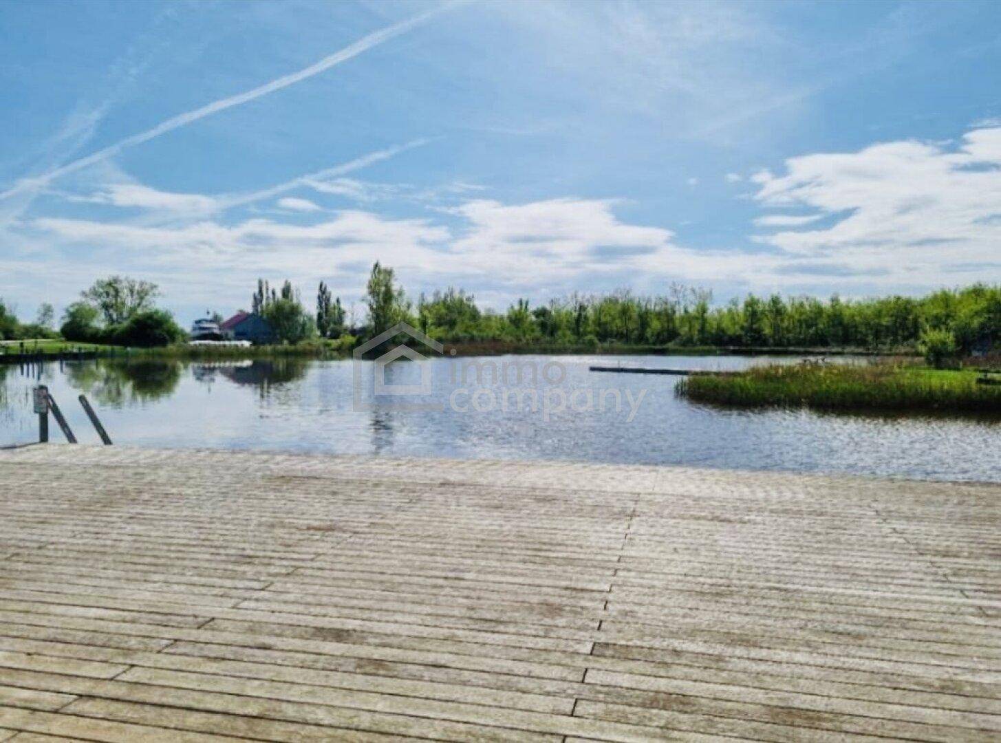 Breiter Holzsteg am Ufer eines Sees mit grüner Vegetation im Hintergrund.