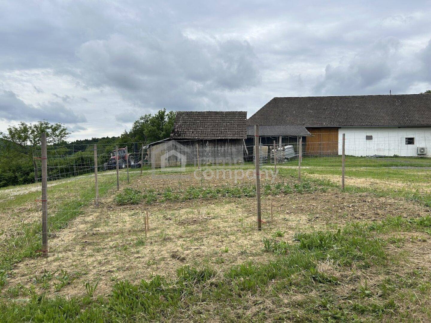 Kleiner Gemüsegarten mit Zaun und landwirtschaftlichen Gebäuden im Hintergrund.