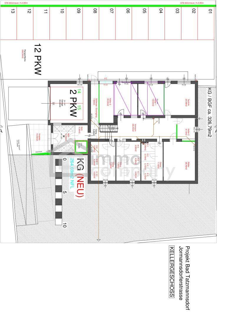 Grundriss des Kellergeschosses mit Abstellräumen, Technikraum und Waschküche.