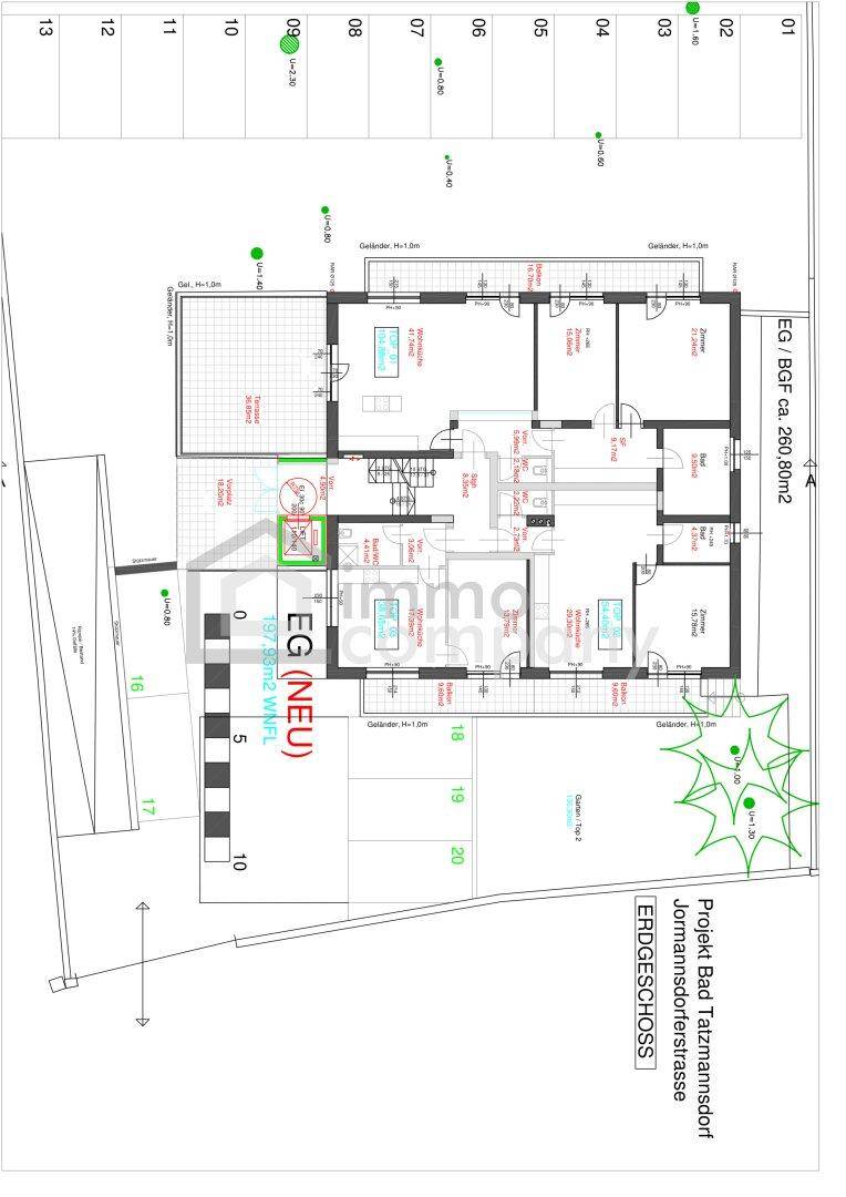 Grundriss des Erdgeschosses mit Wohnbereichen, Schlafzimmern und Zugang zur Terrasse.