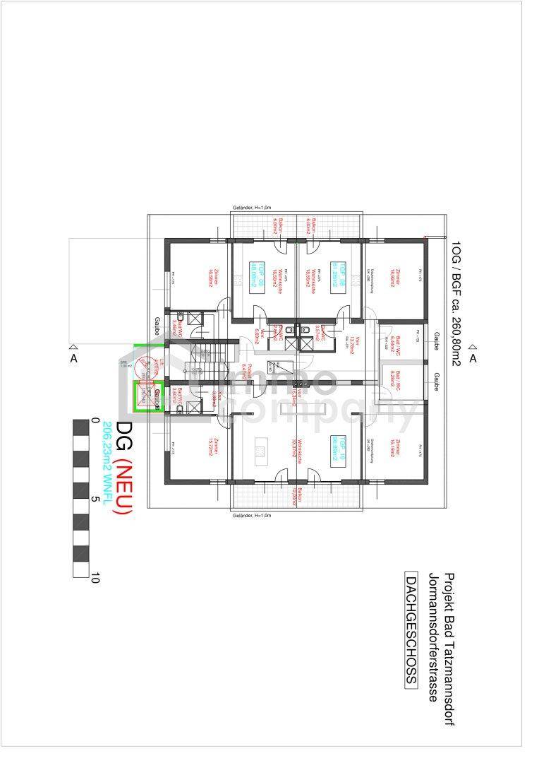 Grundriss des Dachgeschosses mit Wohnbereichen, Schlafzimmern und Dachschrägen.