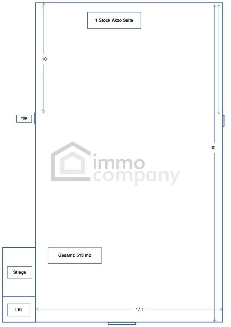 Grundrissplan eines großen Raumes von 513 m² mit Lift, Treppe und Zugangstüren.