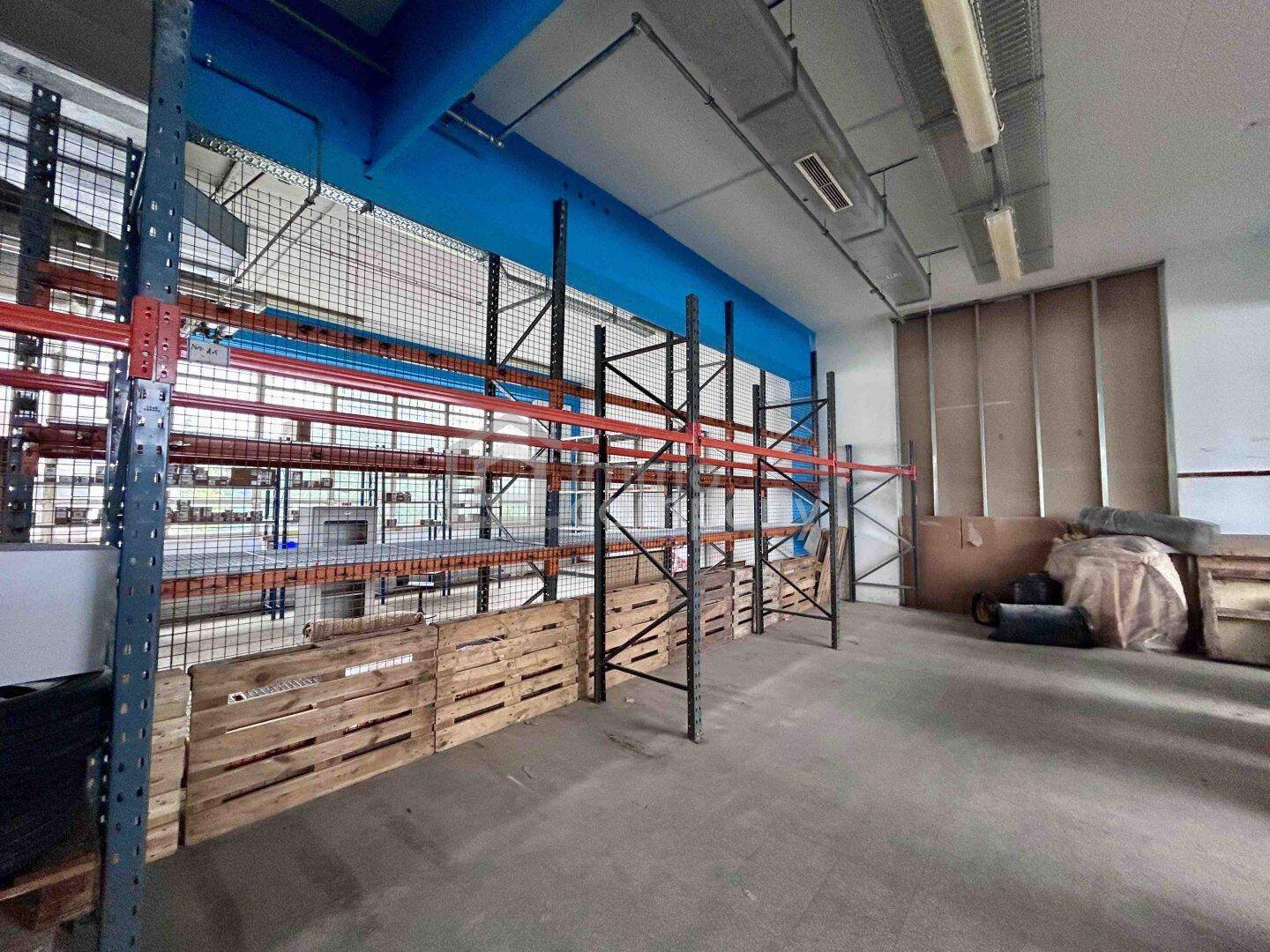 Leere Regalsysteme in einer geräumigen Lagerhalle mit blauen Akzenten und Betonboden.