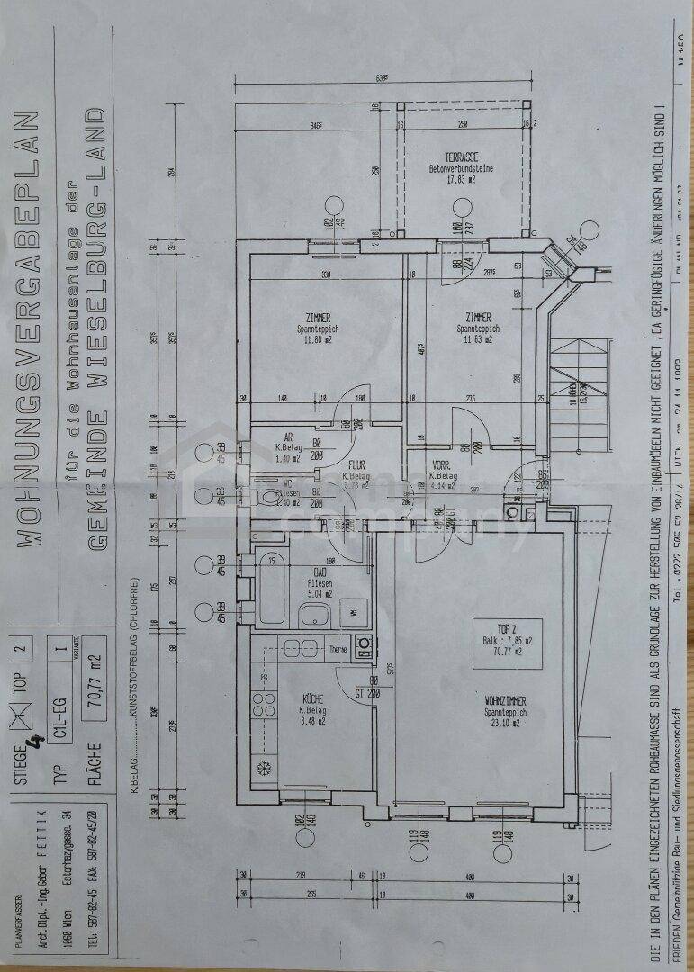 Grundrissplan einer Wohnung mit zwei Zimmern, Küche, Bad, WC, Abstellraum, Balkon und Terrasse.