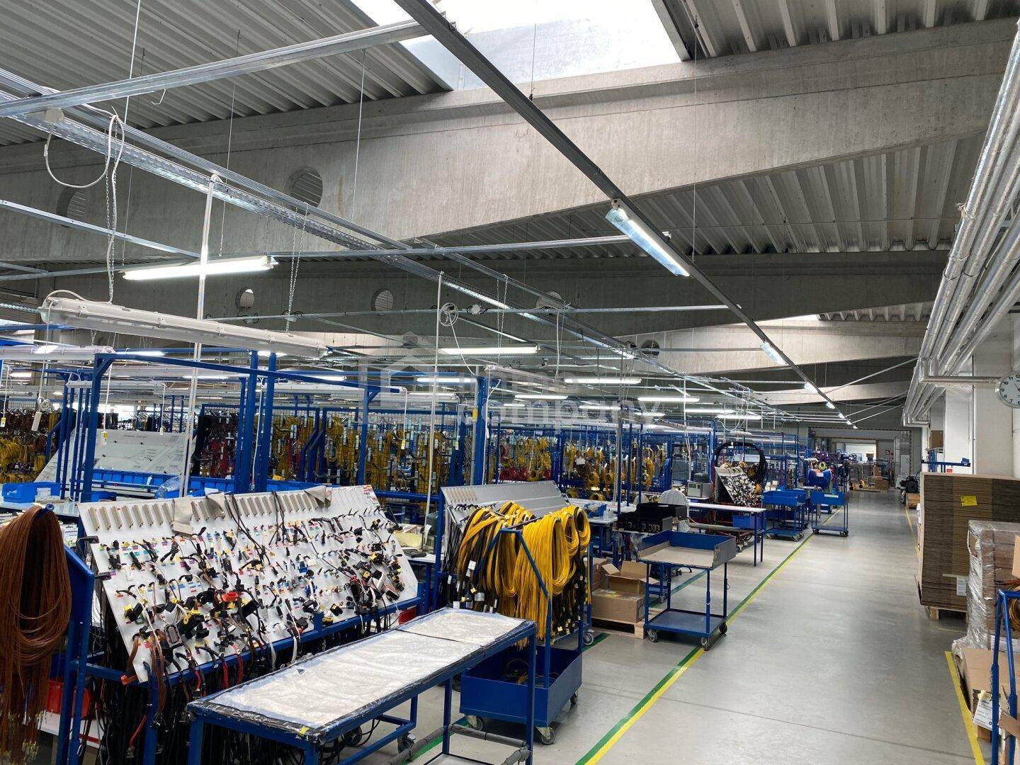 Helle Produktionshalle mit effizienten Arbeitsabläufen und moderner Ausstattung.