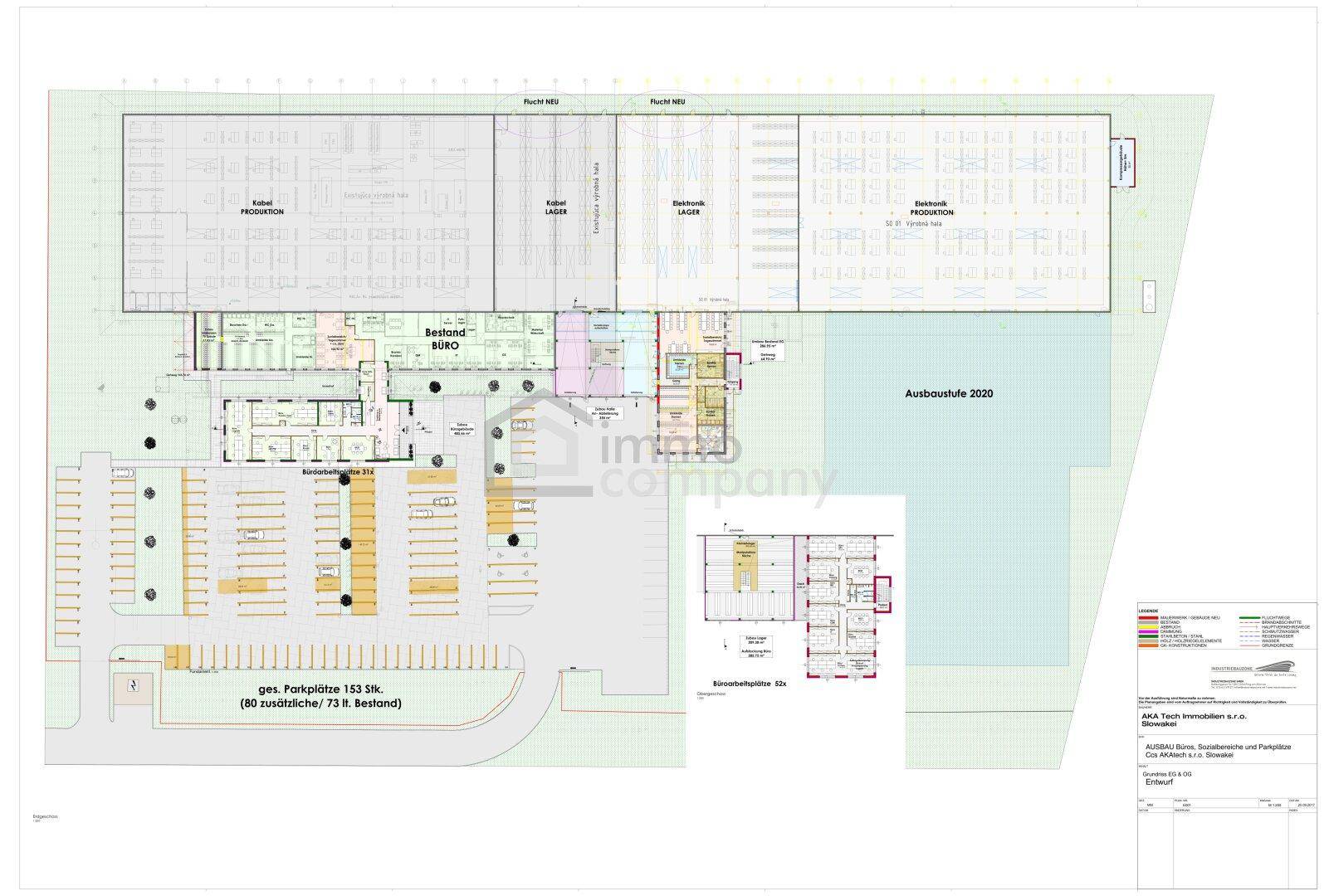 Detaillierter Grundriss des Industriekomplexes mit Produktions-, Lager- und Bürobereichen.