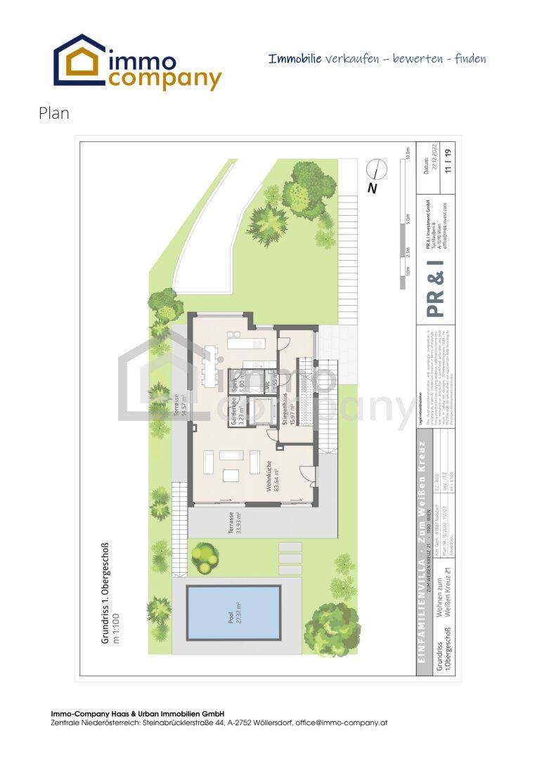 Grundriss des ersten Obergeschosses mit offenem Wohnbereich, Terrasse und Pool.