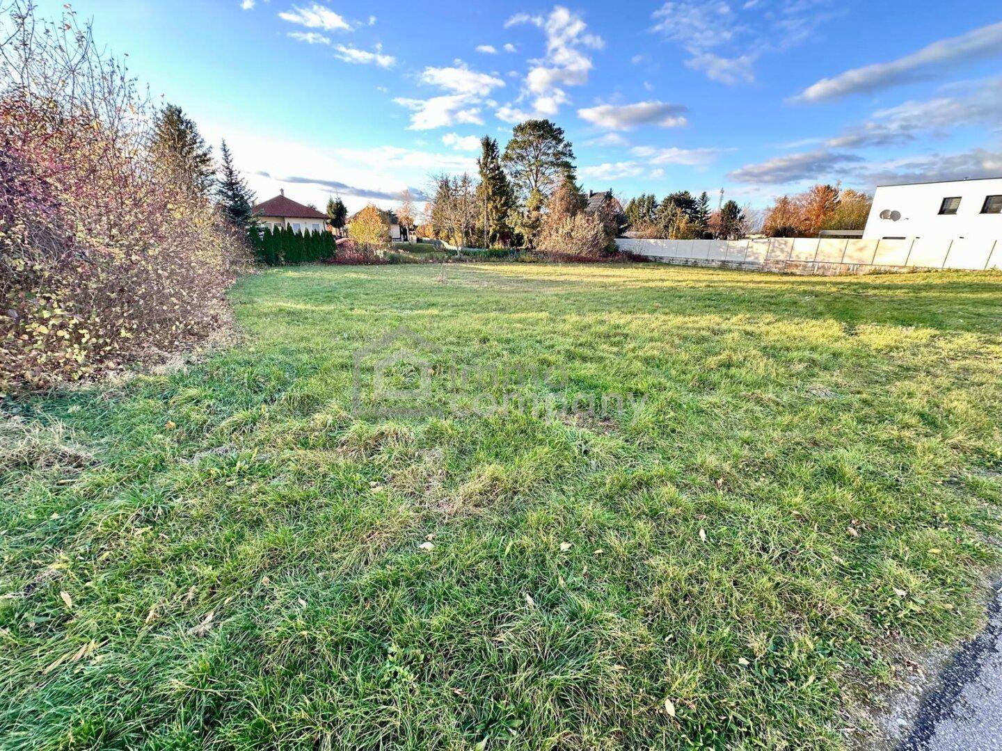 Großes, unbebautes Grundstück mit Grasfläche und Blick auf die umliegende Bebauung.