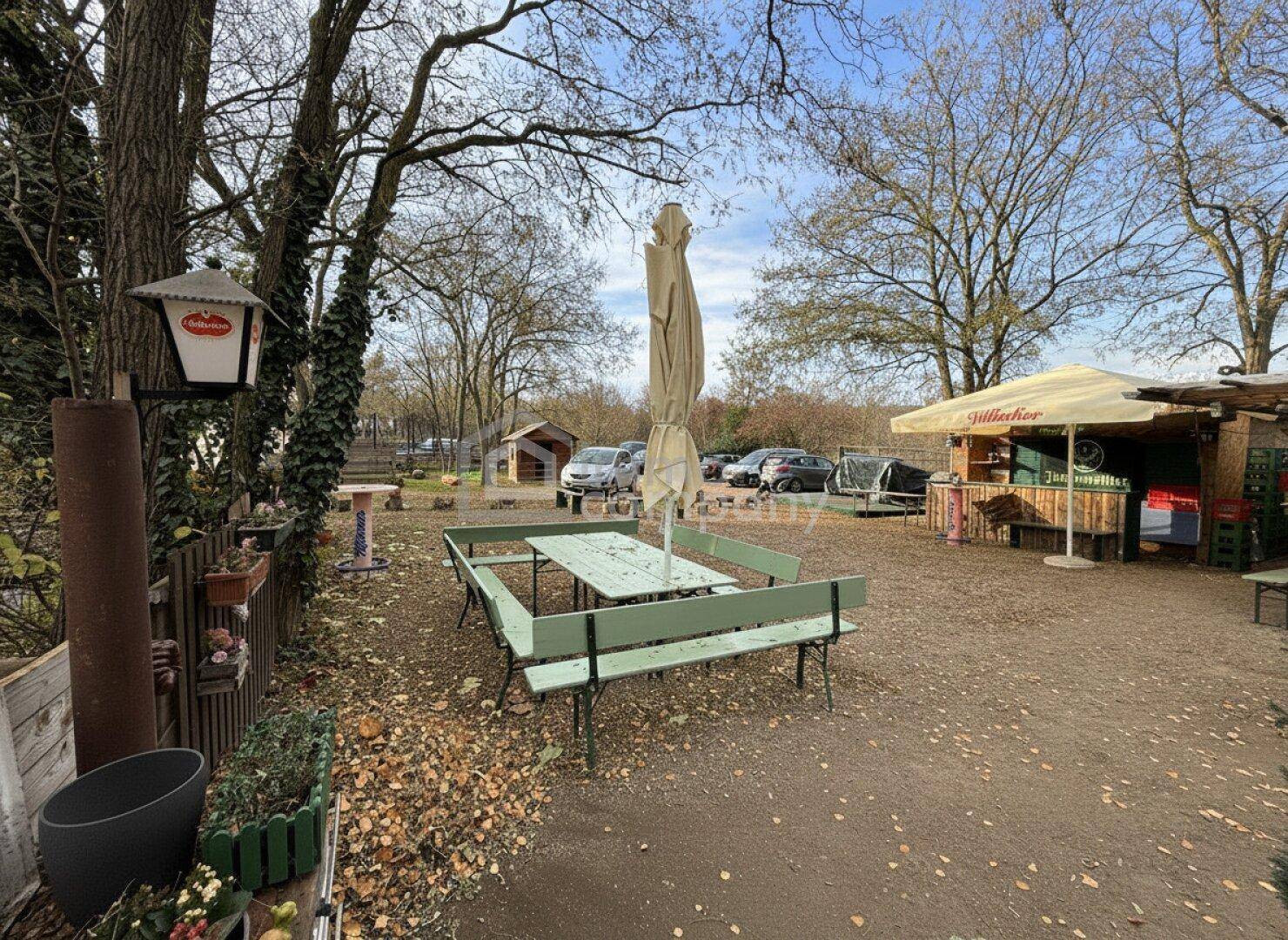 Blick auf den Außenbereich mit rustikalen Sitzgelegenheiten und einem kleinen Verkaufsstand unter Bäumen.