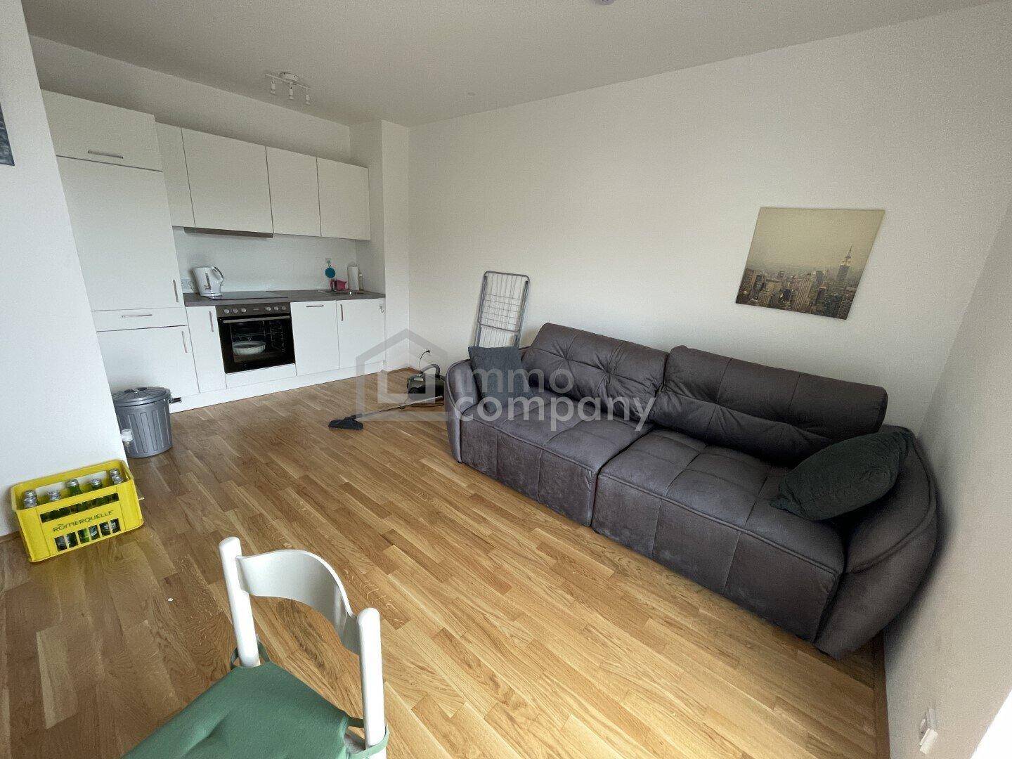Offener Wohnbereich mit integrierter Küchenzeile, moderner Couch und hellem Holzboden.