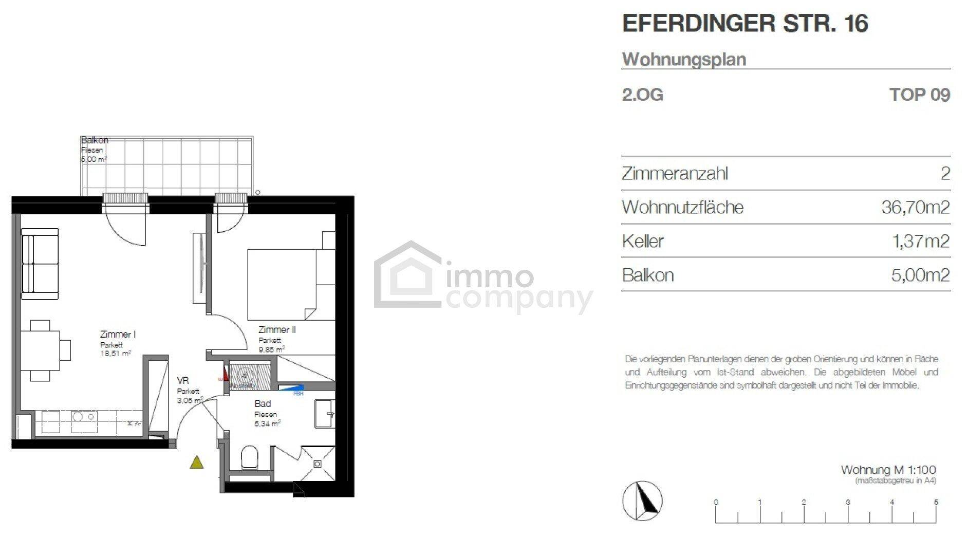 Wohnungsplan für eine Zwei-Zimmer-Wohnung mit Balkon und Kellerabteil.