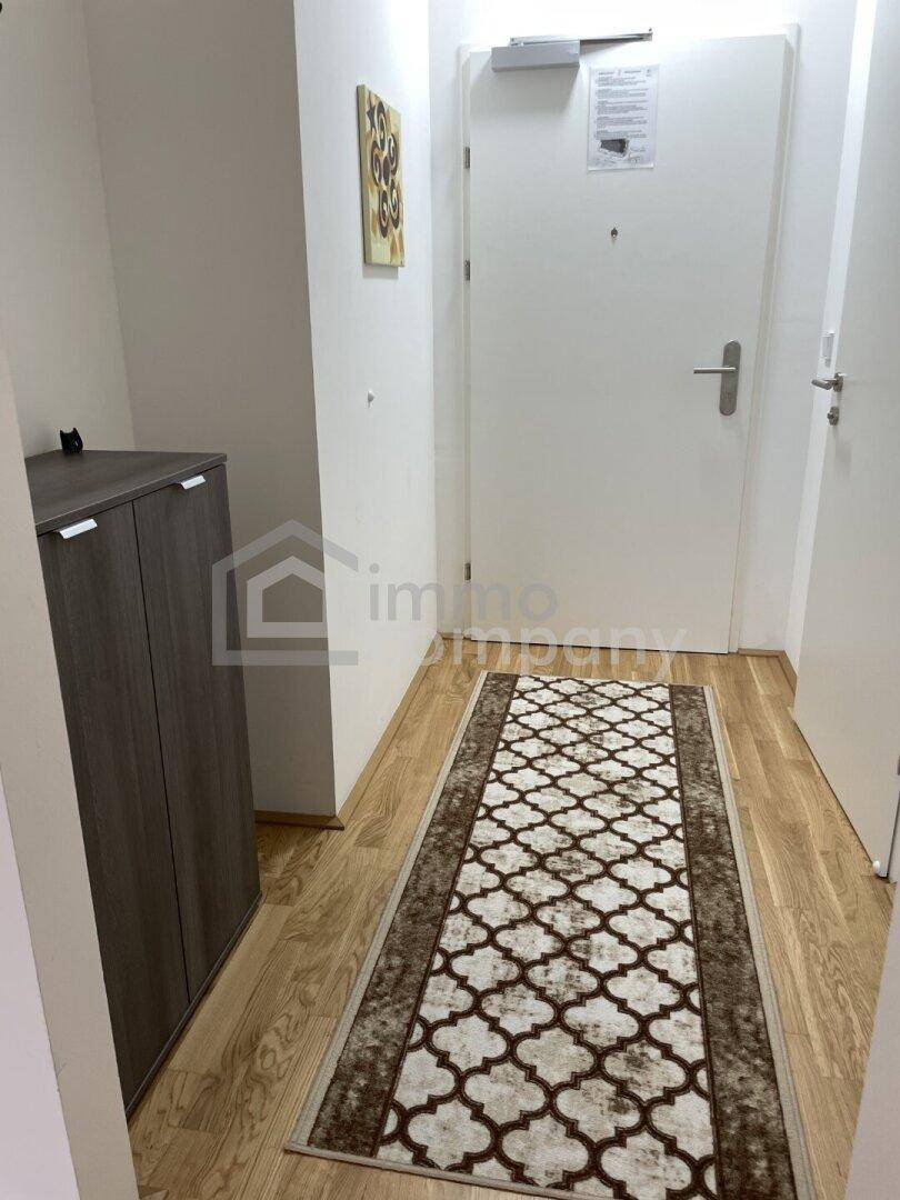 Eingangsbereich mit Holzfußboden, Schuhschrank und einem dekorativen Teppichläufer.