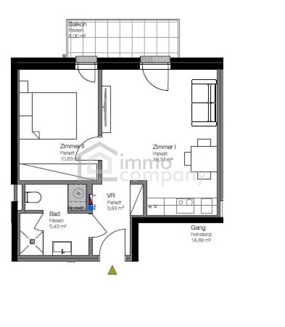 Grundriss einer Zweizimmerwohnung mit Balkon, Schlafzimmer, Bad und offenem Wohnbereich.