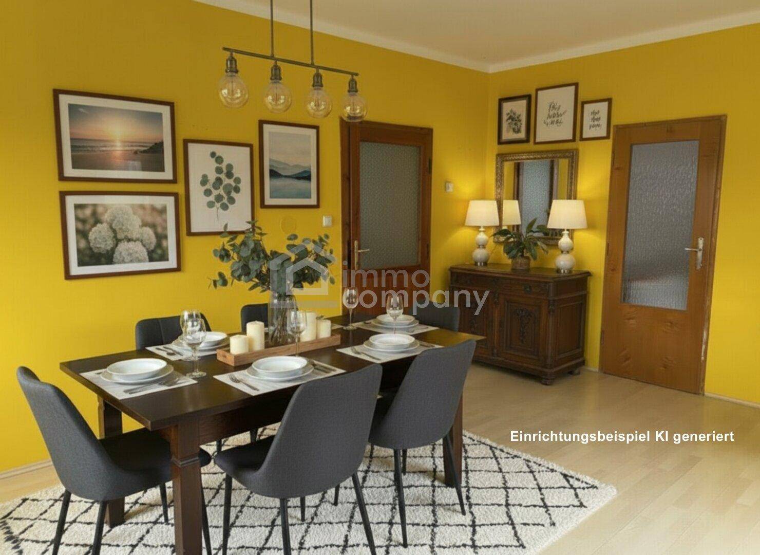 Modern eingerichtetes Esszimmer mit gelben Wänden, dunklem Esstisch und stilvoller Dekoration.