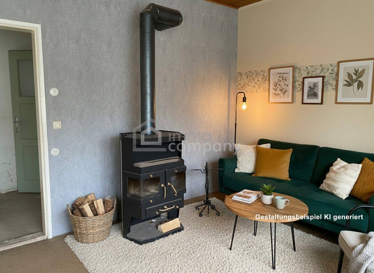 Gemütlicher Wohnbereich mit modernem Holzofen, Sofa und Teppich, einladend gestaltet.