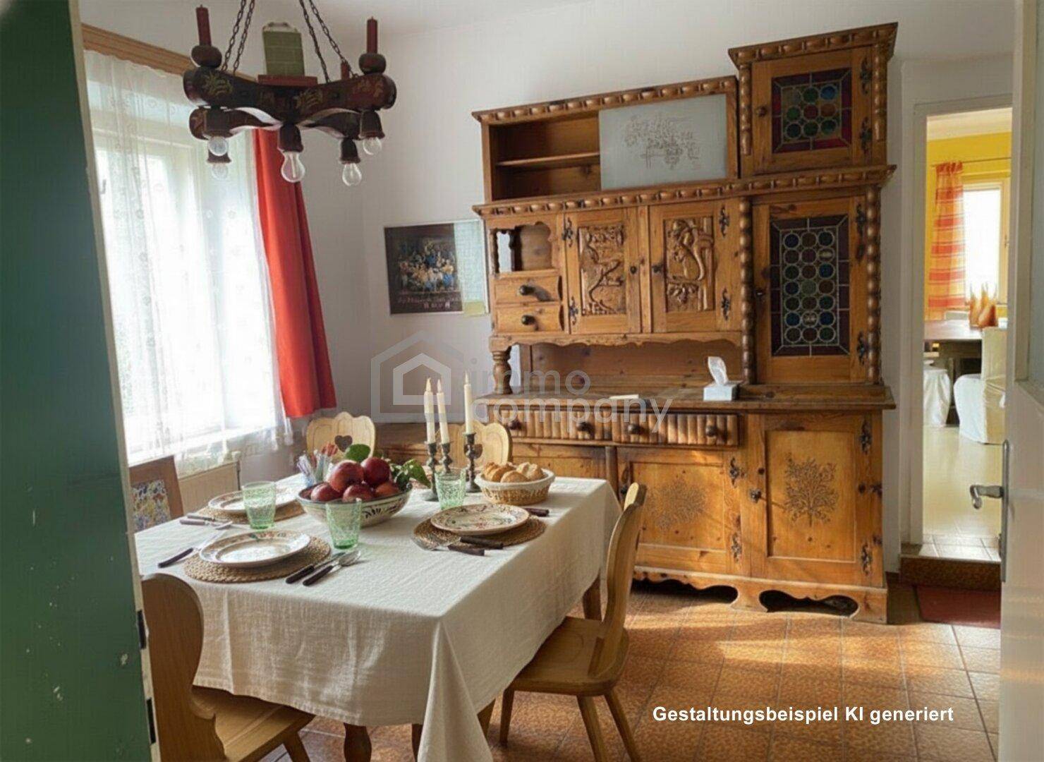 Einladender Essbereich mit traditionellen Holzmöbeln und festlich gedecktem Tisch.