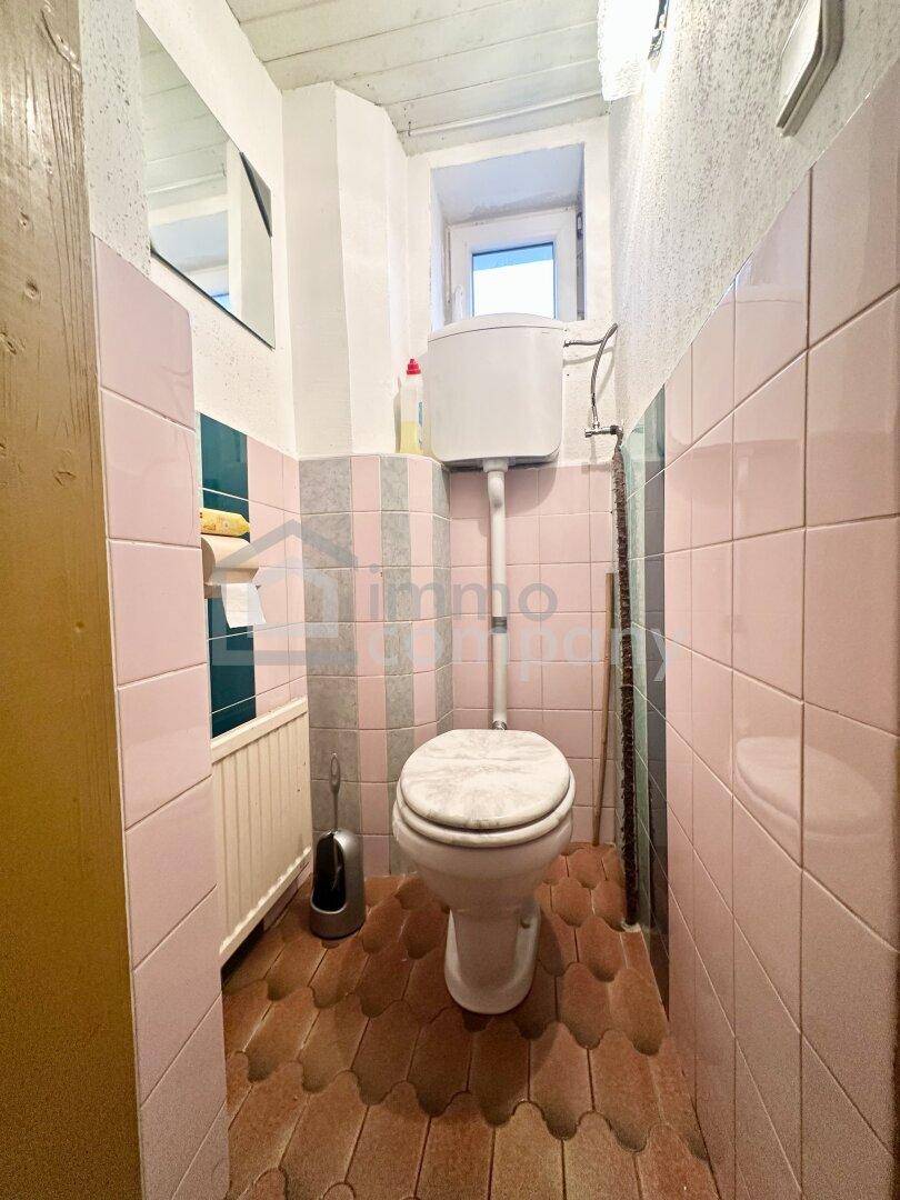 Kleines Gäste-WC mit rosa Fliesen, Fenster und traditioneller Toilette.