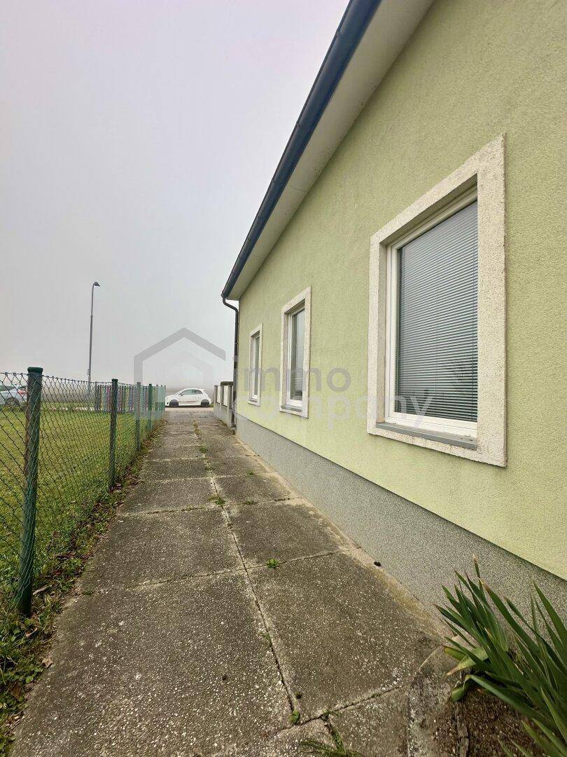 Seitenansicht des Hauses mit grüner Fassade, Fenstern und einem gepflasterten Weg.