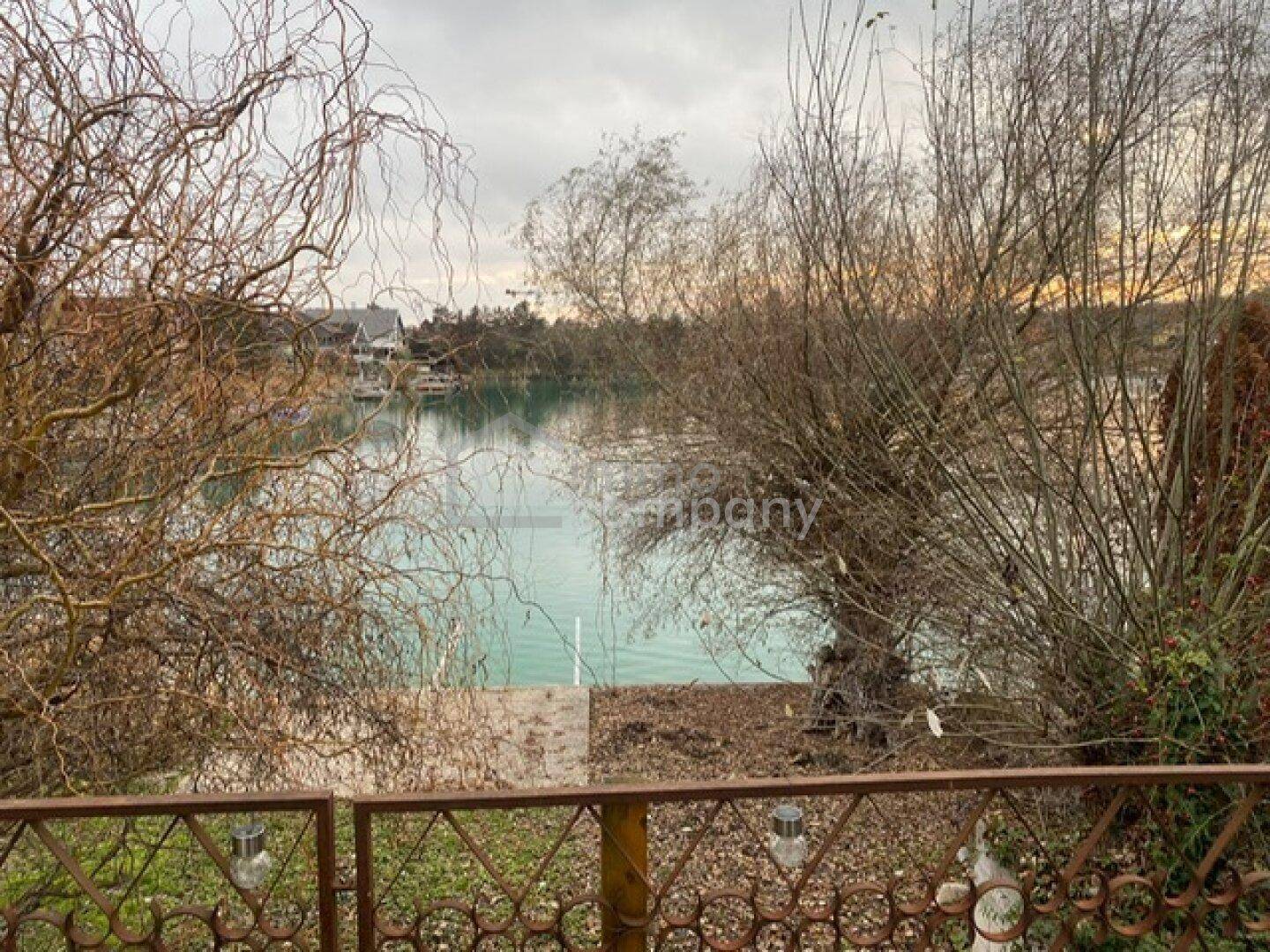 Malerischer Blick auf einen See durch kahle Bäume und ein dekoratives Metallgeländer.