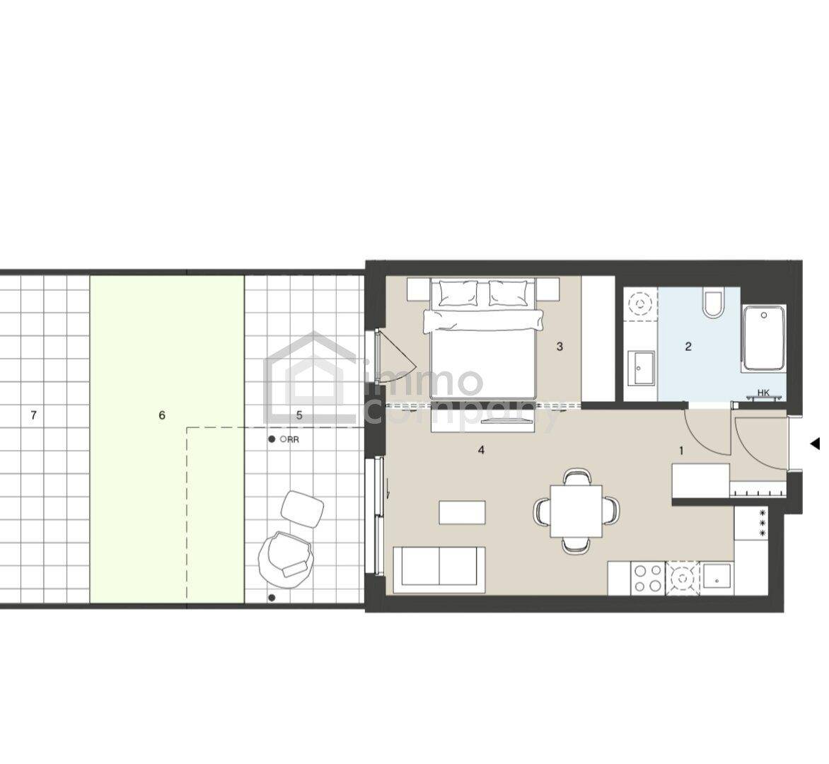 Grundriss einer Wohnung mit offenem Wohnbereich, Schlafzimmer, Badezimmer und großer Terrasse.