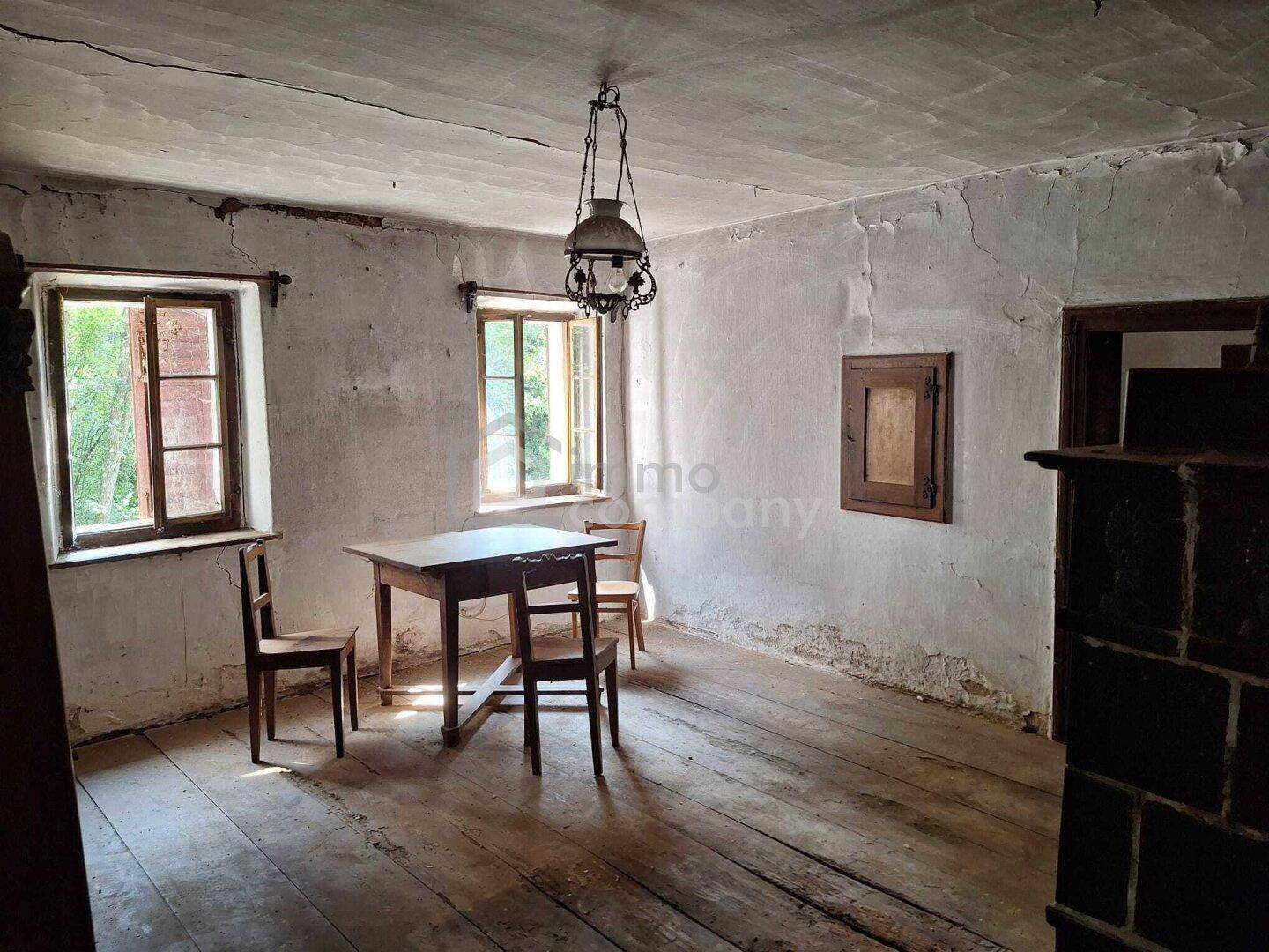 Geräumiger Raum mit Holzdielenboden, Esstisch und traditioneller Deckenlampe.