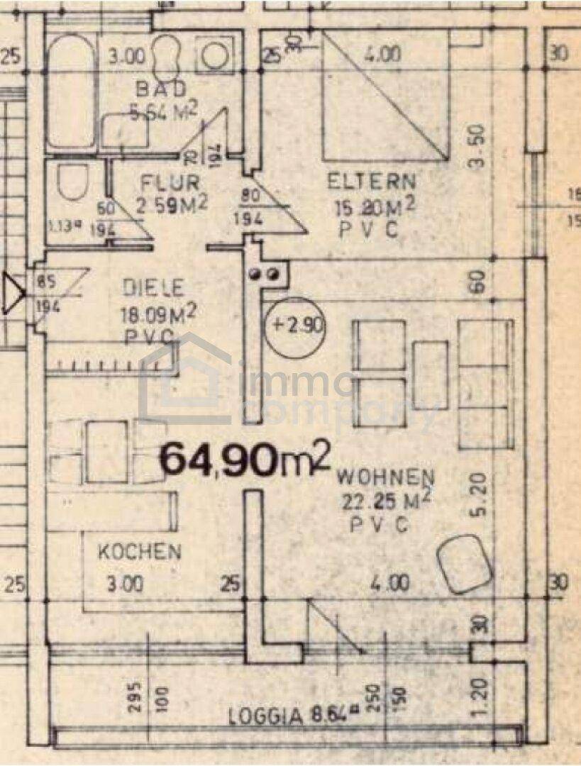Grundrissplan einer Wohnung mit Wohnzimmer, Küche, Bad und Loggia.