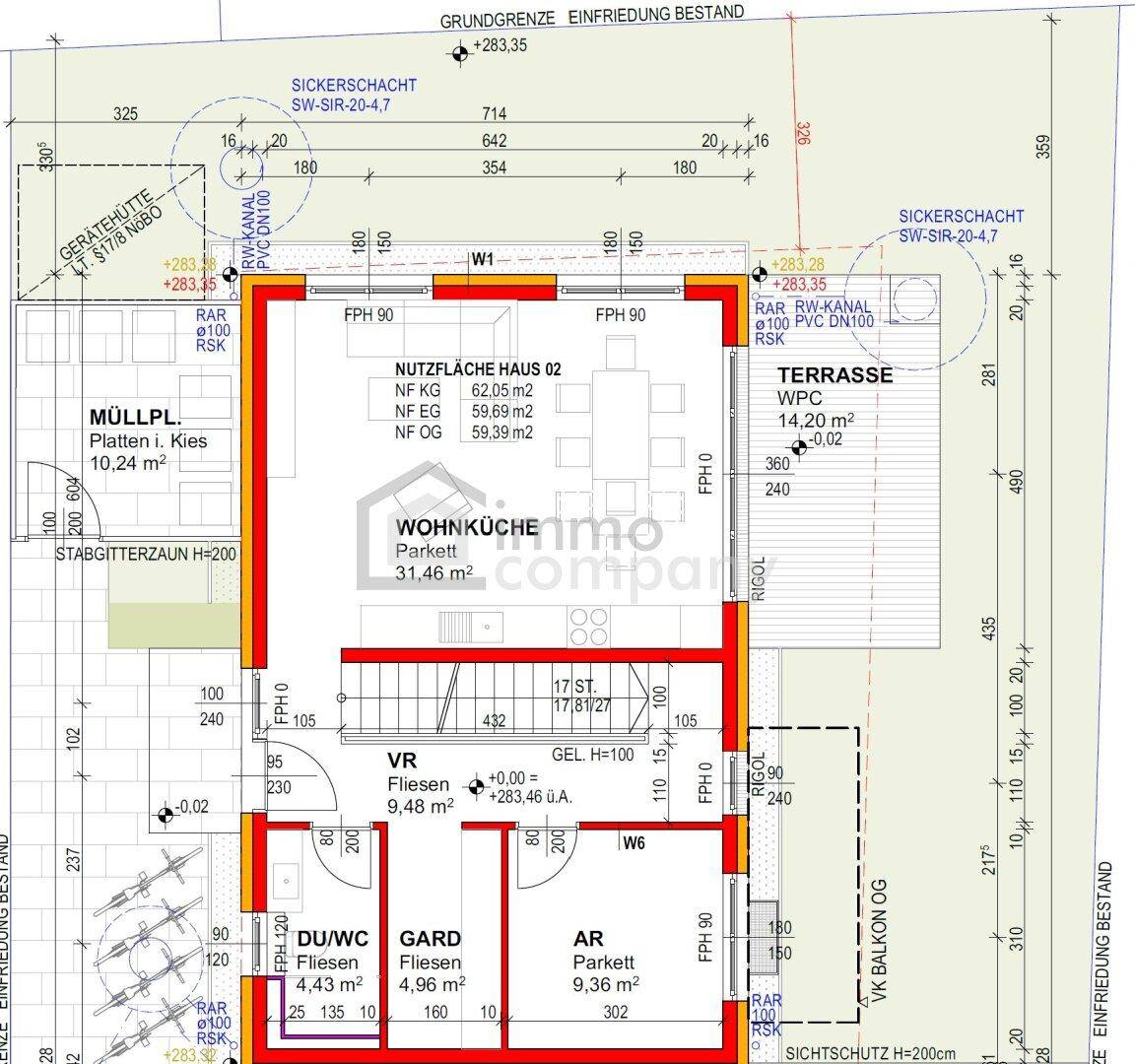 Detaillierter Grundriss von Haus 02 mit Wohnküche, Terrasse und verschiedenen Funktionsräumen.