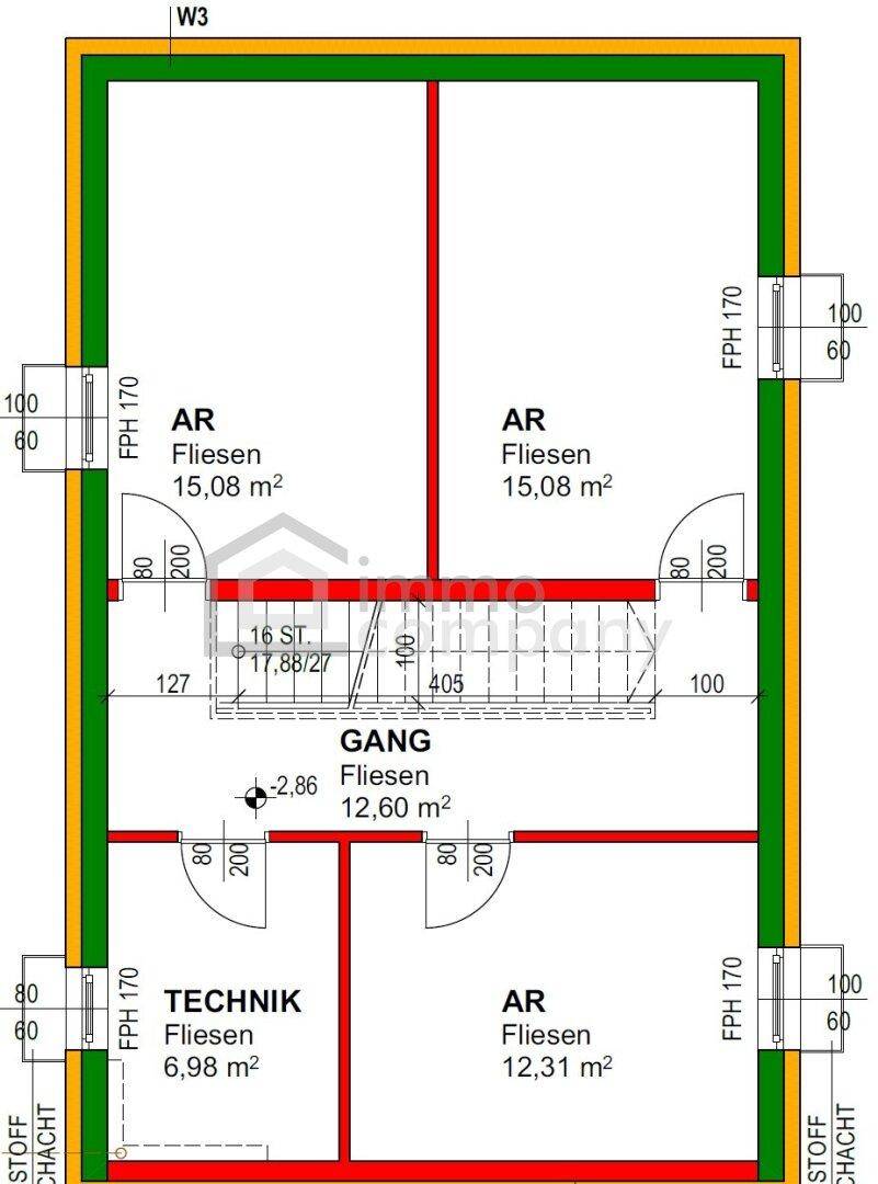 Grundrissplan zeigt den Kellerbereich mit Abstellräumen, Technikraum und Flur, alle mit Fliesenboden.