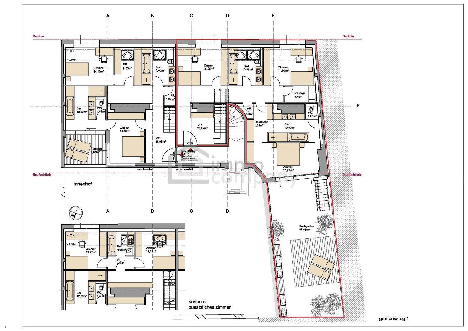 Grundriss des Dachgeschosses mit mehreren Zimmern, Balkon und einer großen Dachterrasse.