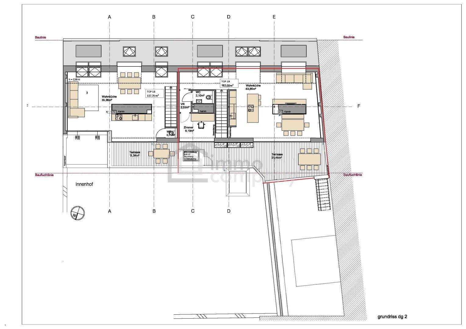 Grundriss des zweiten Dachgeschosses mit offenem Wohnbereich und zwei Terrassen.