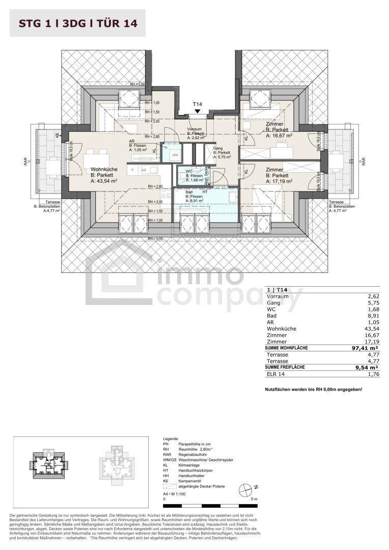 Grundriss der Dachgeschosswohnung mit drei Zimmern, Bad und Terrasse.