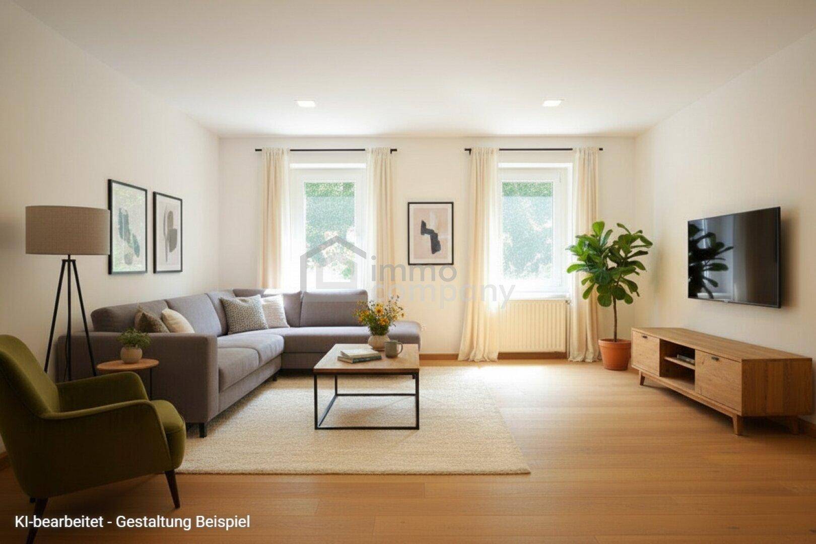 Modern eingerichtetes Wohnzimmer mit großem Ecksofa, Holzboden und Blick ins Grüne durch große Fenster.