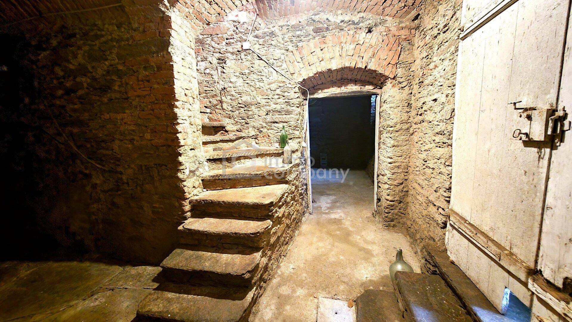 Rustikaler Kellergang mit Steintreppe, Ziegelbögen und alter Holztür.