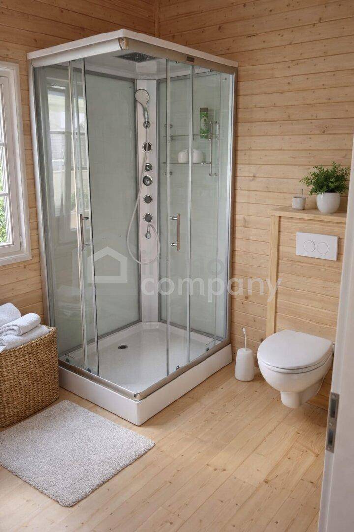 Funktionales Badezimmer mit Holzwänden, Duschkabine und wandhängendem WC.