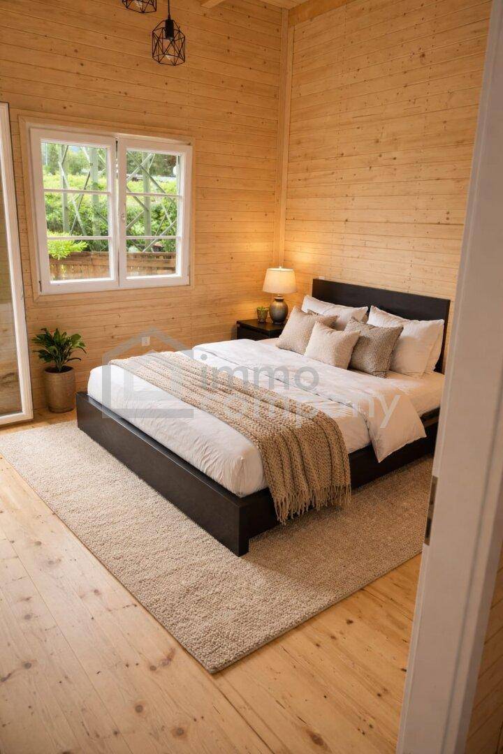 Helles Schlafzimmer mit Holzwänden, großem Bett und Blick ins Grüne.