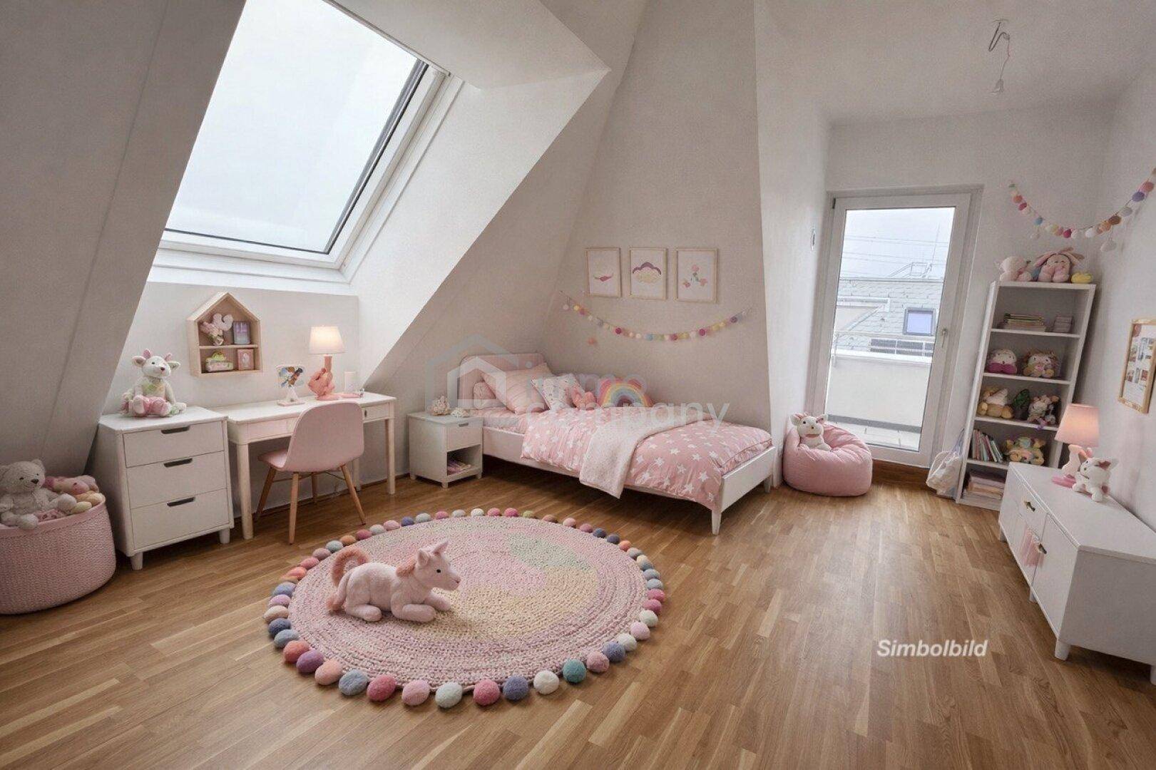 Freundliches Kinderzimmer im Dachgeschoss mit Dachfenster, Holzboden und Zugang zum Balkon.